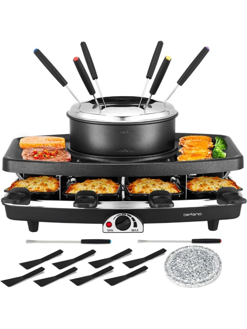 Electric Raclette Grill & Fondue Pot - 1100W Tabletop Grill for 8 People